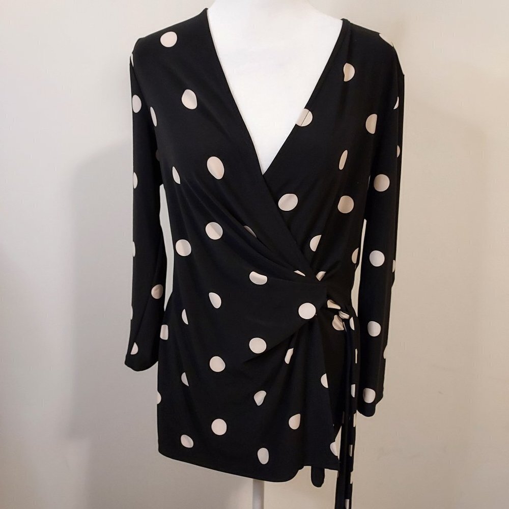 Anne Klein Faux Wrap White Polka Dot V Neck Long Sleeve Top NWT